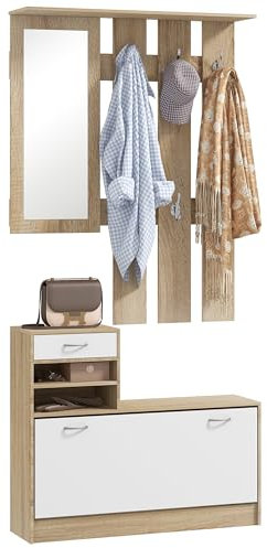 HOMCOM Set Mobili Ingresso Moderno con Scarpiera e Specchio, Appendiabiti da Ingresso con 6 Ganci, 2 Ripiani Regolabili e Cassetti in Legno per Corridoio, 90x24x177 cm, Bianco e Quercia