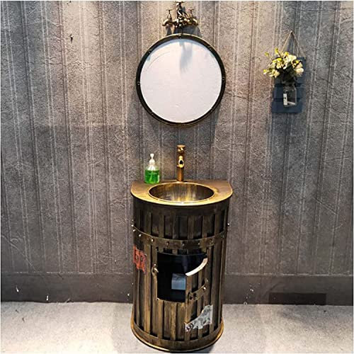 Lavabo de pedestal para baño independiente Art Hotel Home, moderno armario de lavabo con grifo y desagüe, mueble de baño independiente, estilo industrial, mueble de baño(Bronze-With mirror)