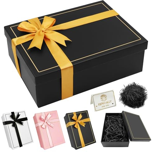Geschenkbox Schwarz Geschenkbox mit Deckel 25 x 18 x 8,5cm, Rechteckige | Geschenkverpackung Geburtstag mit Schleife Geschenkkarton mit Deckel für Hochzeit Geburtstag Weihnachten