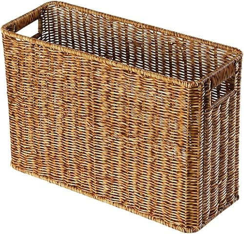 Wensmy Hand Woven Magazine Basket - Seagrass Holder, Rattan Narrow Storage, Rectangular Wicker Floor Organizer for Shelf, Home Office, Coffee (38 * 15 * 26cm, Dark Brown)