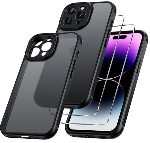 Phoona Cover per iPhone 14 Pro 6,1 con 2 Pellicola Vetro Temperato, Custodia Traslucida Opaca Posteriore Antiurto Robusta Protettiva Case, Anti-Impronte Antigraffio Custodie, Nero