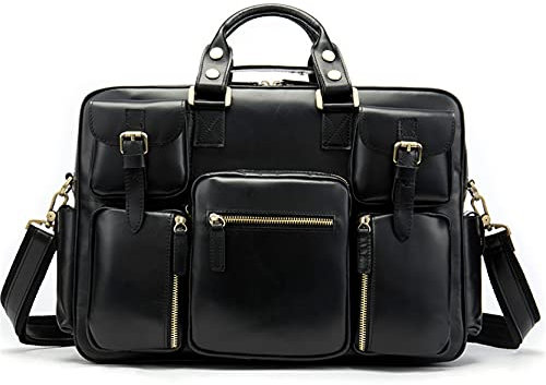 BHBYAFASH Laptoptasche Aktentasche, Herren 15inch Laptop Portfolio Echtes Leder Messenger Bag Business Work Travel Satchel Aktentasche Crossbody Schulter Handtasche(Schwarz)