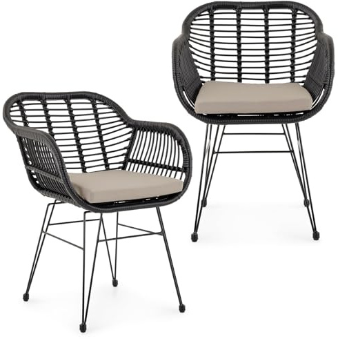 IDIMEX Gartenstühle Paramo im 2er Set aus Polyrattan, schwarz/beige - moderner Esszimmerstuhl in Rattan Optik, Küchenstuhl mit Sitzkissen, Korbstuhl mit robustem Metallgestell