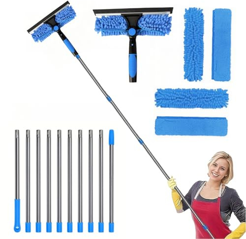 LZEXIN Window Cleaner with Long Handle (177IN/4.5M), Multi-angel Rotation Window Squeegee Cleaner Tool Kit with 4pcs Microfibre Cloths & 10pcs Extendable Poles(Blue)