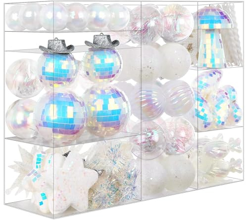 SHareconn 103ct Christmas Tree Balls Ornaments, Disco iridescent sequin gift box, Shatterproof Plastic Decorative Baubles for Xmas Tree Decor Holiday Wedding Party Decoration with Hanging Hooks, White