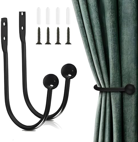 Metal Curtain Holdbacks, 2 Pcs Wall Mounted Drapery Curtain Tiebacks, Window Curtain Holder Hooks for Home Decor (Black)
