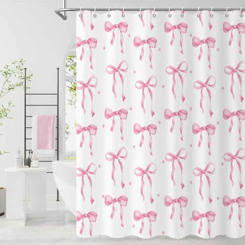 GCIREC Duschvorhang, 180x200cm, Rosa Süße ästhetische Schleifen Wasserdichter Stoff Maschinenwaschbarer Badezimmervorhang mit Haken
