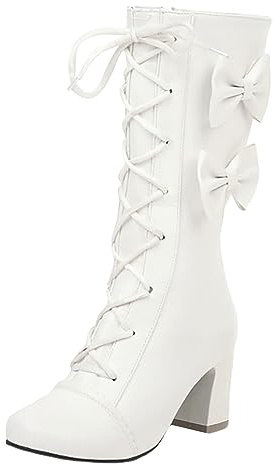 2025 Bottines pour femme 2023 Hiver Coréennes Femmes Rose Bowknot Chunky Talon haut Bottes moyennes Bottes étudiantes, Blanc., 37 EU