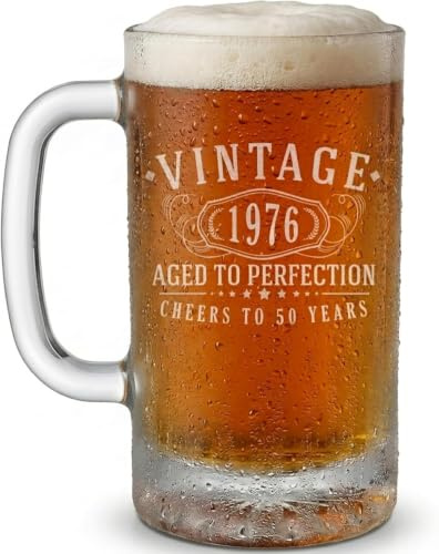 Vintage 1976 Etched 16oz Glass Beer Mug Stein - Happy 50th Birthday Gifts for Men Women, Cheers to Turning 50 Year Old Man Decoration Decor, Anniversary Bday Party Supplies Favors 1.0