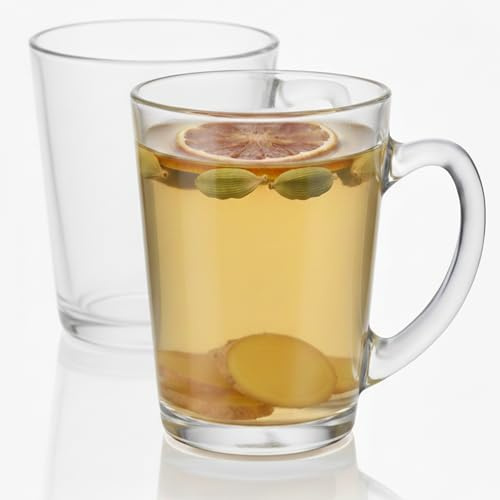 UNIQUE CRAFTS Coffee Mugs Set of 6 295ml 100% Lead Free Clear Tea Cups, Temperature Resistant Handle-Stylish Coffee/Tea Glasses, Hot Drink Cafe Mugs - Ideal for Ice Cream Latte