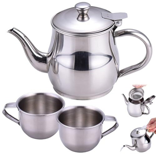 Hbbgdiy Service à thé pour Enfants avec théière Portable en Acier Inoxydable de 330 ML, Bec Long et Filtre, Plus 2 Petites Tasses de 70 ML pour Faire Semblant Jouer au thé et Cadeaux pour Enfants
