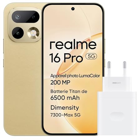 realme 16 Pro 5G Smartphone, 8GB+256GB, Pantalla AMOLED 144Hz 6,78, Batería 6500mAh, Cámara 200MP OIS, IP69K, Carga Rápida 45W, Dual SIM, Next AI, Oro