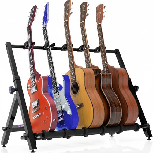 Liquid Stands Multi Guitar Rack Stand for Acoustic, Bass, Ukuleles and Electric Guitars - 5-7 Adjustable Folding Guitar Rack Holder for Multiple Guitars with Heavy Duty Floor Stand