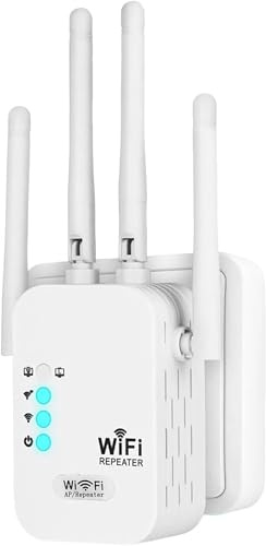 WiFi Extender Booster 1200Mbps, WiFi Repeater Dual Band 5GHz & 2.4GHz with 4 *Antennas, Internet Booster/Hotspot Range Extender, Gigabit Ethernet Port, Quick Setup, Home Wireless Signal Booster Works