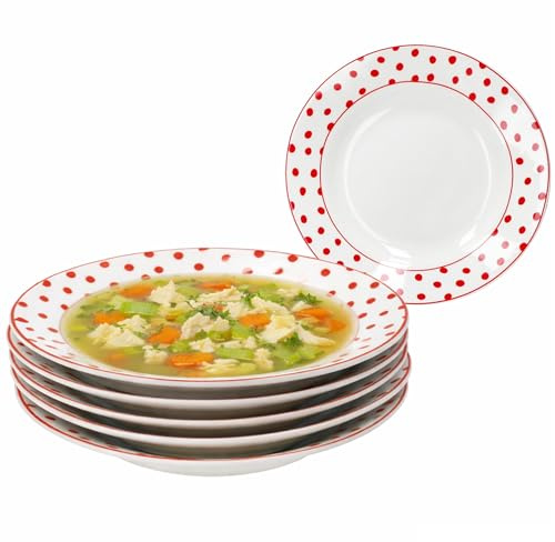 MamboCat 6er Set Suppenteller Rot gepunktet I 200ml, Ø20,5cm I tiefe Teller aus Steingut I weiß mit roten Punkten I Teller für Suppe, Pasta & Eintopf