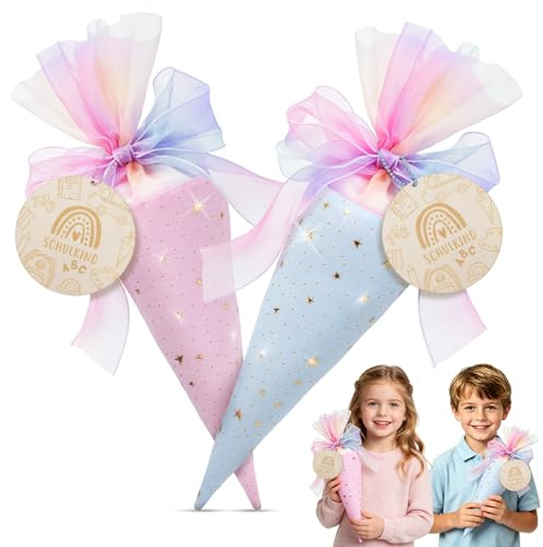 2 unidades mini bolsas escolares para rellenar, pequeñas bolsas de azúcar con cierre de red, bolsa para hermanos con placa de madera, regalo escolar, niños y niñas, bolsa de colores, longitud 45 cm