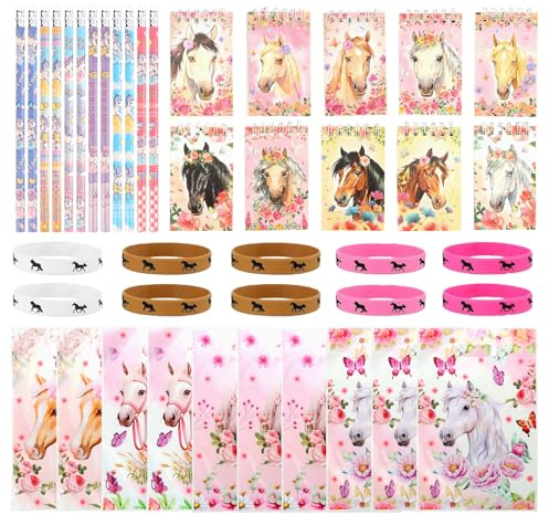 Yooyan Pferde-Thema Mitgebsel Set für Kindergeburtstage, 42-teilig mit 10 Notizbüchern, 12 Bleistiften, 10 Geschenktüten & 10 Silikonarmbändern, Give Aways für Pferde-Partys und Geburtstagsparty