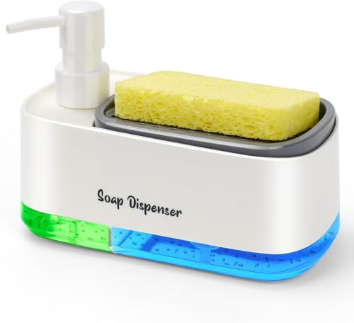 Bingobang 3-in-1 Soap Dispenser with Sponge Holder, White | Refillable Hand and Dish Washing Up Liquid Dispenser with Easy Pump for Bathroom Countertop, Kitchen Sink Caddy Organizer