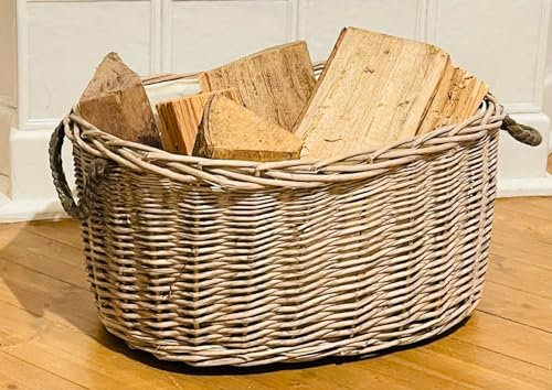 Dekoleidenschaft großer Aufbewahrungskorb aus Weide im Shabby Look, Feuerholzkorb, Brennholzkorb (ohne Stoffpatch)