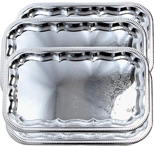 Maro Megastore (Pack of 4) Oblong Elegant Floral Engraved Serving Tray Chrome Plated Steel Plate Platter Wedding Birthday Holiday Party Food Buffet Decor Shiny Silver Color (20.9 x 12.8)