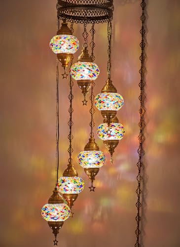Hängeleuchte mit 7 Kugeln in türkisch-marokkanischem Mosaik Bohemian Tiffany Hängelampe Kronleuchter Beleuchtung mit 4,6 m Kordel Kette US-Stecker, 127 cm Höhe, 10 Farben Anatolian Teppich