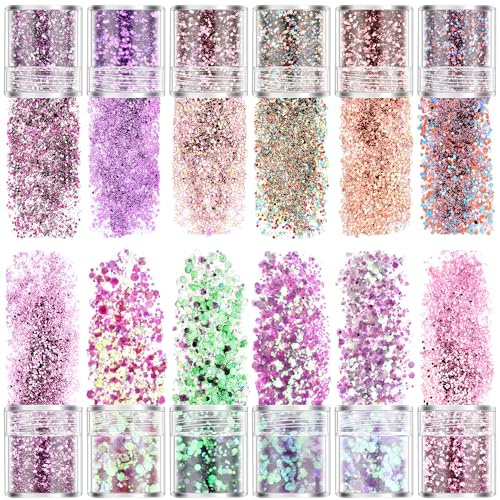 DazSpirit 12 colores Purpurina Polvo, Glitter Flakes Brillantes para Uñas Lentejuelas Brillos Decoración para Cara, Nail Art, Cabello y Cuerpo para fiestas manualidades bodas