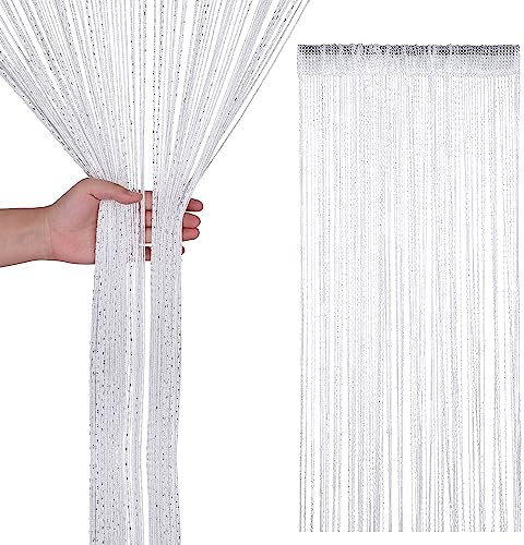 Trimming Shop String Curtains Glitter Fringe Panel Fly Screen Doorway Curtain Closet Window Doors Sequin Sheer Room Divider Tassel for Doorway, Windows, Home Decoration, 200cm x 90cm, White