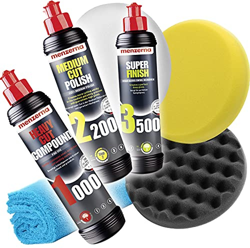 Detailmate Auto Politur Set - Menzerna Autopolitur 250ml: Super Heavy Cut Compund HC1000 + Medium Cut 2200 + Super Finish SF3500 + 3 Menzerna Polierpads 150mm + flauschiges Mikrofaser Poliertuch
