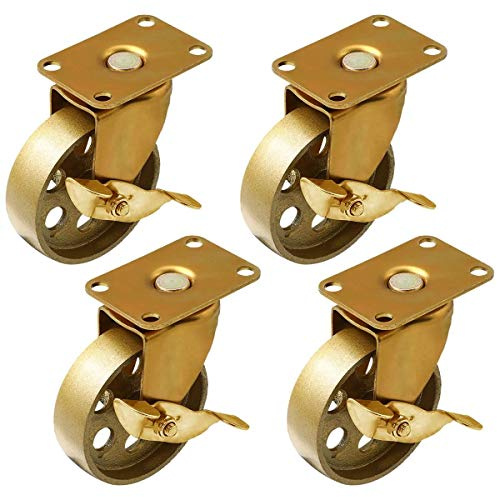 FactorDuty 3.5 inch with Brake Locking Caster Vintage Swivel Caster Copper Antique Gold Cast Iron Wheel Industrial Heavy Duty