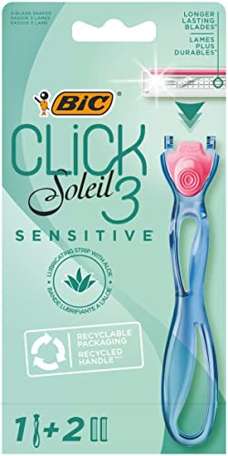 Bic Click 3 Soleil Sensitive Refillable Women's Razor, 30% Recycled Plastic Handle and 3-Blade Refills - Box of 1+2