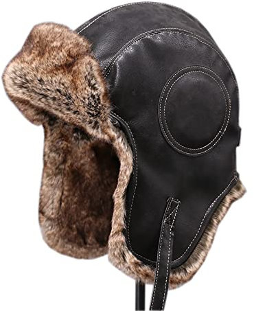 WHSPORT Unisex Wintermütze Leder Fliegermütze Trappermütze mit Kunstleder Fellmütze Herren Russenmütze (Color : Black, Size : 56-58cm/22.04-22.83in)