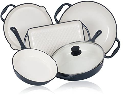 Mahlzeit Lot de 5 Poêles en Fonte | Avec Griller, Plaque de Cuisson et Paella | Fonte Émaillée Universelle pour Steak (Blue Berry)