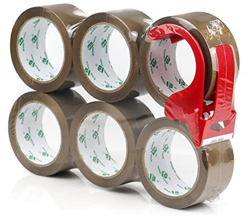 BOMEI PACK 6 Rouleaux de Ruban adhésif Marron pour emballage 48 mm x 66 m avec dévidoir, ruban adhésif déménagement, bureau et stockage