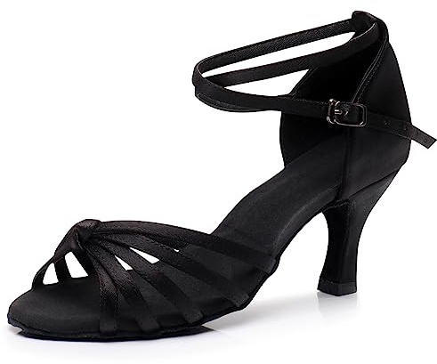 PADGENE Chaussures de Danse à Semelle Molle en Satin pour Femmes, à Talons Hauts Chaussures de Danse pour Jazz/Latin/National Mark/Rumba/Cha Cha, M - Noir - 5cm, 37 EU