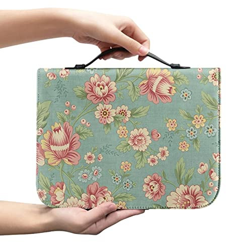 HUIACONG Bibelhülle mit Blumenblatt für Frauen Mädchen Bibelhülle mit Reißverschluss Buchhülle M Größe Bibelstudientaschen mit Griff Kirche Tragetaschen PU Leder Bibelbuchhalter