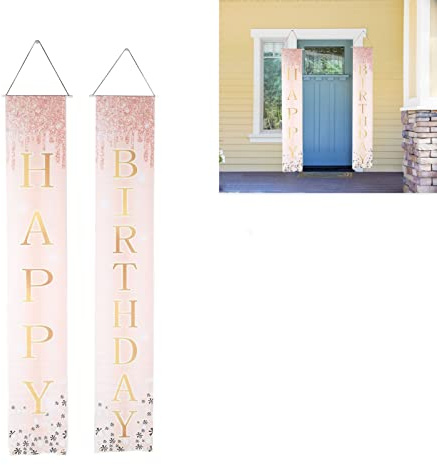Geburtstagsbanner Deko, Happy Birthday Tür Banner, Alles Gute Zum Geburtstag Rosa Roségold Hintergrund, Geburtstags Veranda Schild Mädchen, Geburtstag Party Dekorationen für drinnen und draußen