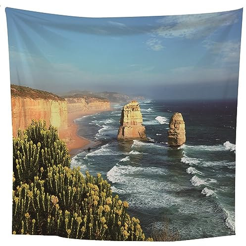Lieson Wandteppich Felsen Ozean, Wandtuch Blau Grün Wandbehang für Wohnzimmer Tagesdecke Zimmer Schlafzimmer, 300x256CM