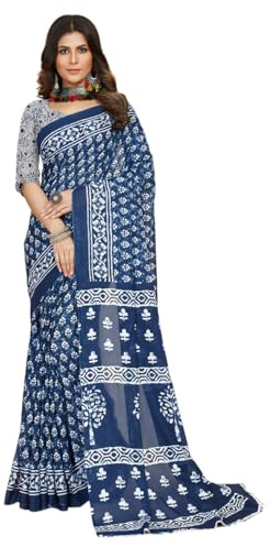 Jaanvi fashion Handicrafts - Sari da donna in cotone Mulmul con stampa Ikat Hand Block Block Jaipuri con camicetta non cucita (aayat-blue-re), Blu indaco, Etichettalia unica