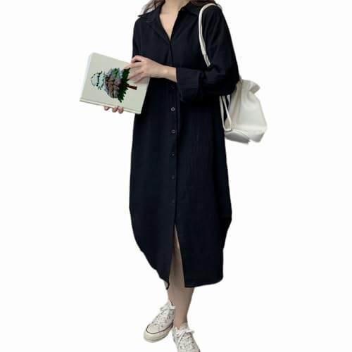 Robe chemise boutonnée en coton pour femme - Col en V - Manches longues - Solide - Haut asymétrique - Chemise surdimensionnée - Coupe ample, 01-robe chemise noire, XXL