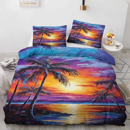 WQIZXCW Palmen Bettwäsche 200x220 - Hawaii Sonnenuntergang Strand Motiv, Weiche und Angenehme Microfaser Bettbezug Set 3 Teilig, 2 Kissenbezug 80x80, mit Reißverschluss, Wendebettwäsche & Zimmer Deko