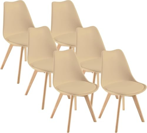 DEWINNER Juego de 6 sillas de Comedor escandinavas, Silla de Oficina Retro, Asiento tapizado en Haya Maciza (Beige, Juego de 6)