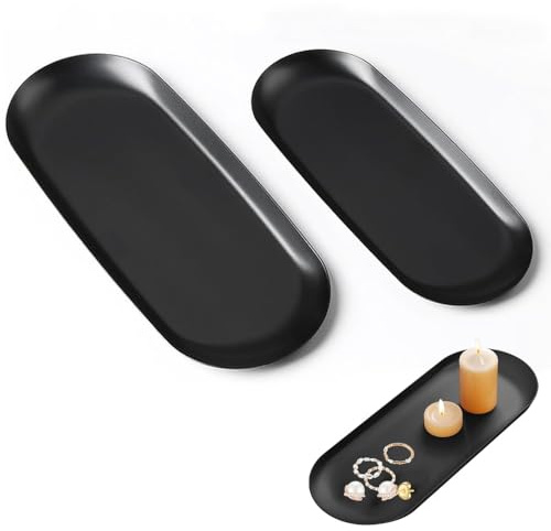 2pcs Stainless Small Tray, Oval Trinket Tray, Black Trays Decorative | for Candle Perfume Tea in Bedroom Kitchen Living Room Bathroom & Outdoors