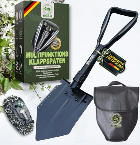 MiCadeau Klappspaten 6in1 mit Hacke, Sägekanten & Gürteltasche, Garten Spaten, Schaufel aus Karbonstahl, ideal fürs Abenteuer, Zelten, Outdoor, Autozubehör (Schwarz)