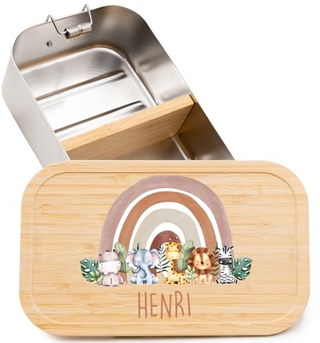 Kidsmood - Brotdose personalisiert mit Namen – Edelstahl Lunchbox mit Fächern für Kindergarten, Schule & Büro mit liebevollen Waldtieren – Geschenk zur Einschulung für Kinder & Jungen (750ml)
