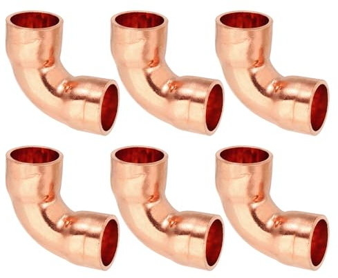 PATIKIL 3/8 ID 1mm Thick Elbow Copper Fitting, 6pcs 99.9% Pure Copper Pipe Fitting 90 Degree Short Radius Tube Connector Sweat Solder for HVAC Refrigeration System