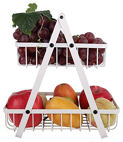 Gevvnss Fruteros de Cocina 2 Pisos,Cesta de Frutas de 2 Niveles,Blanco Frutero 2 Pisos Cesta de Cocina para Frutas y Verduras de Metal para Cocinar Aperitivos y Pan Verduras
