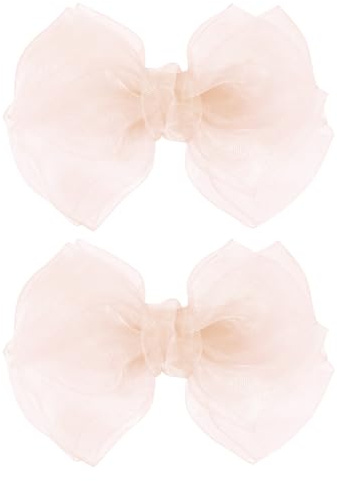 4-Inch Organza Double Hair Bows Alligator Clips 2PCS Nude Colors Mesh Ribbon Tulle Decorative Hair Bow Barrettes New Year Party Dress Accessory for Toddler Girls Children Teens