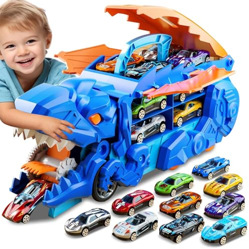 Esteopt Camion Trasporto Giocattolo Auto per Ragazzi Età 3 4 5 6 7, Camion Pista da Corsa Dinosauri Portatile con Set di 12 Dinosauri in Scatola Regalo (Blu)