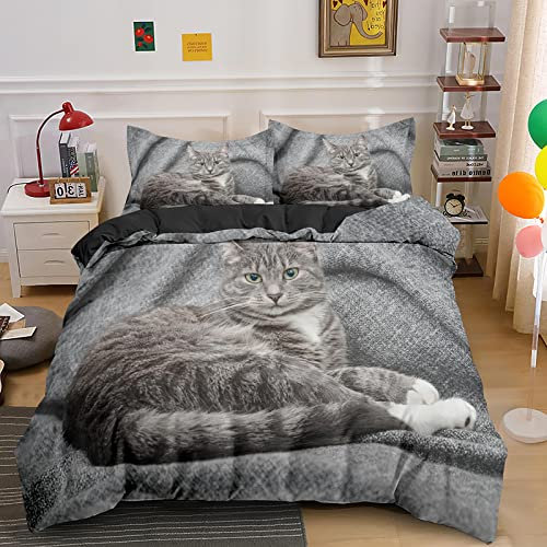 CHCHNXY Bettwäsche 200x200,Katze 3 Teilig Weich und Atmungsaktiv Bettwäsche-Set,für Jugendliche Erwachsene 1 Bettbezüge mit Reißverschluss und 2 Kissenbezug 80x80cm