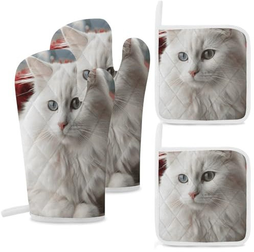 Lot de 4 maniques et maniques - Motif chat blanc - Résistant à la chaleur - Épais - Pour cuisine, pâtisserie, barbecue